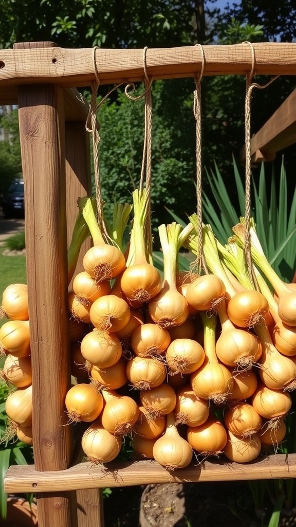 A wooden drying rack with onions in a garden setting.